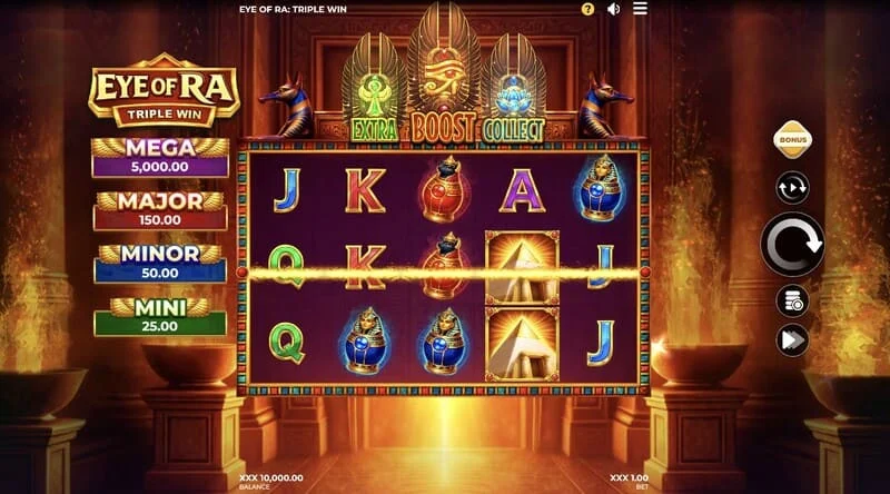 Eye of Ra Triple Win — galvenais spēles ekrāns ar pieciem ruļļiem